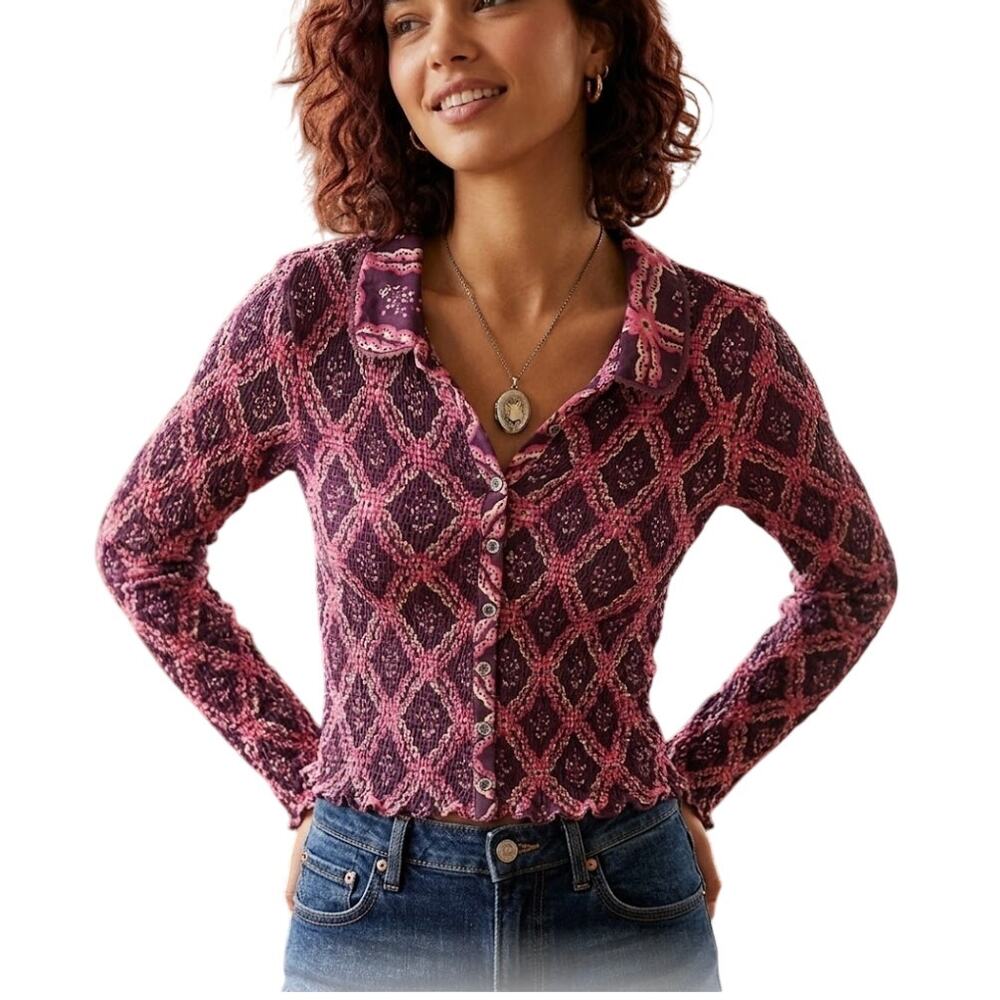 Free People Intimately Smocked Button Down Top Purple Floral Diamond EUC Medium